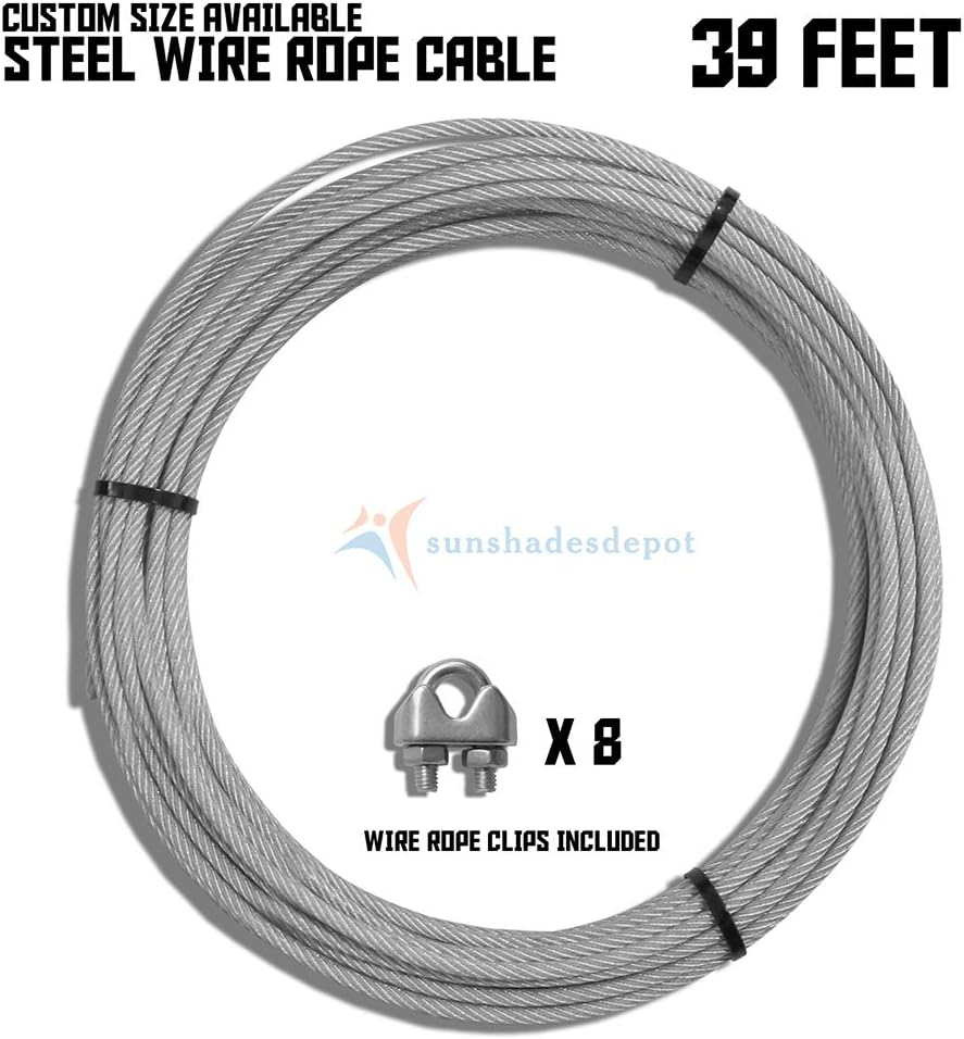 TANG Sunshades Depot Sun Shade Sail Hardware Steel Wire Rope Aircraft Cable for Cable Railing Kit,Deck Stair Railing Hardware DIY Balustrade and 8pcs Clamp 3/16-Inch by 39-Feet