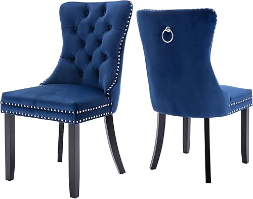 Virabit Juego de 2 sillas de comedor color azul, sillas de comedor capitonadas de terciopelo con parte trasera de clavo y ribete de anillo, sillas