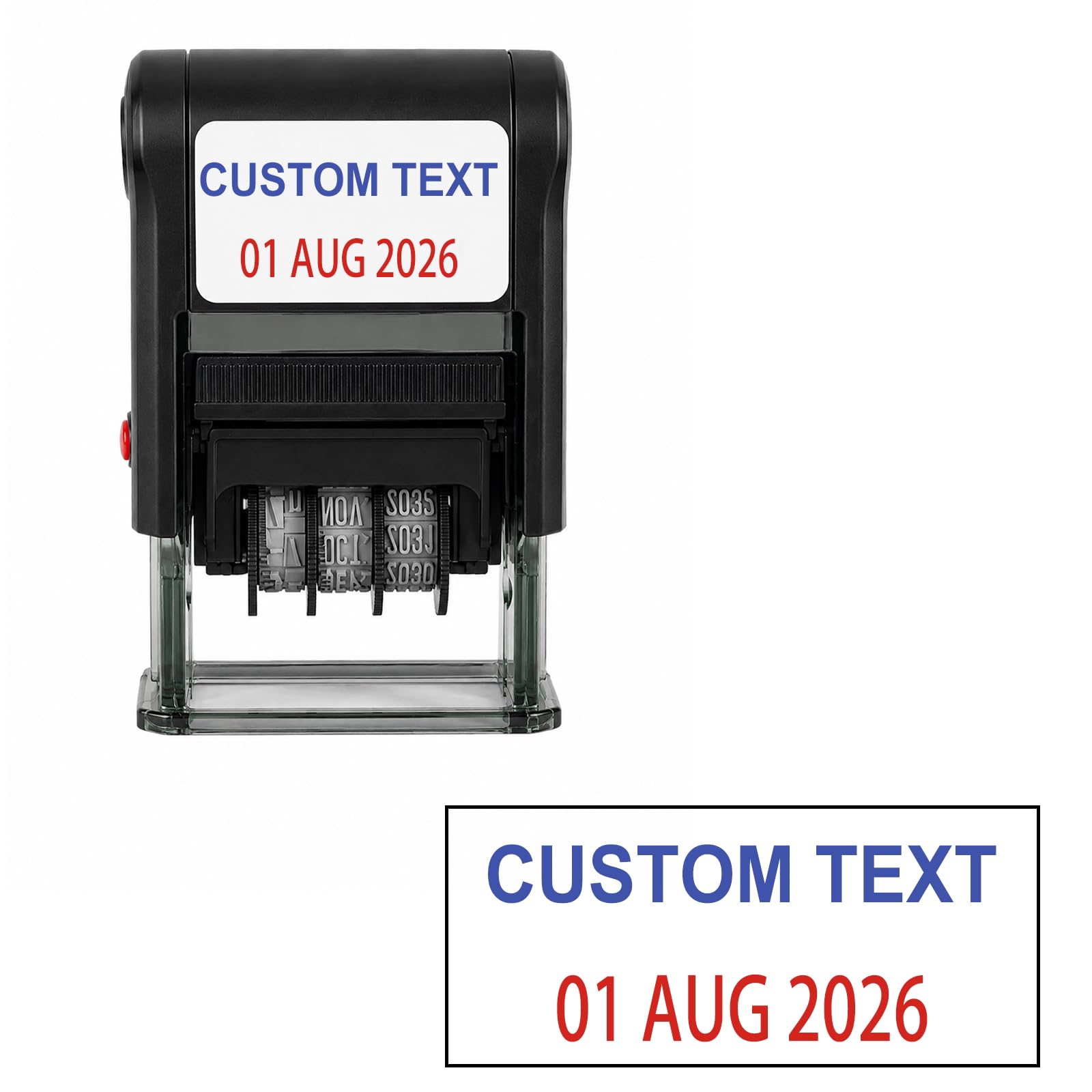 Personalised Self Inking Date Stamp with Custom Text, Changeable Office Date Stamp, Blue Custom Text & Red Date, Replaceable Ink Pad, 5 x 30 mm Text Area