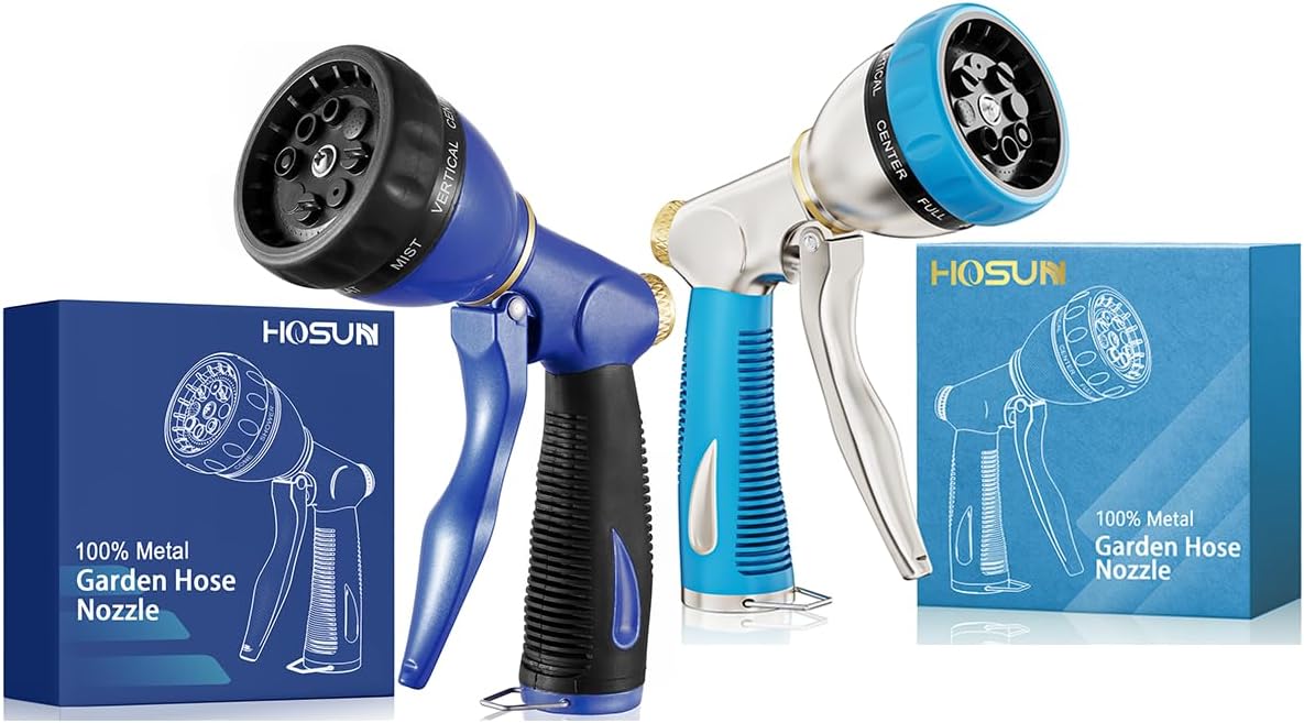HOSUN Garden Hose Nozzle Sprayer Heavy Duty, 100% Metal Water Hose Nozzle with 8 Spray Patterns, High Pressure Hose Spray Nozzle with Non-Slip Grip for Watering Plant & Lawn, Washing Car & Pet, Blue