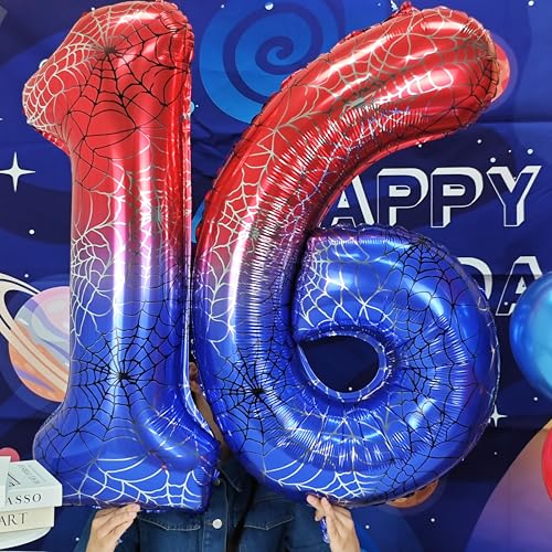 Image of 40 In Red And Blue Spider Theme Large Number 5 Balloon | Giant Large Helium Foil Balloon for Boy or Girl 5 th Birthday Wedding Anniversary Baby Shower Party Decorations
