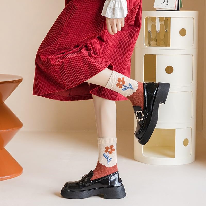 Image of Wool Socks for Women Thick Knit Vintage Cute Floral Crew Socks