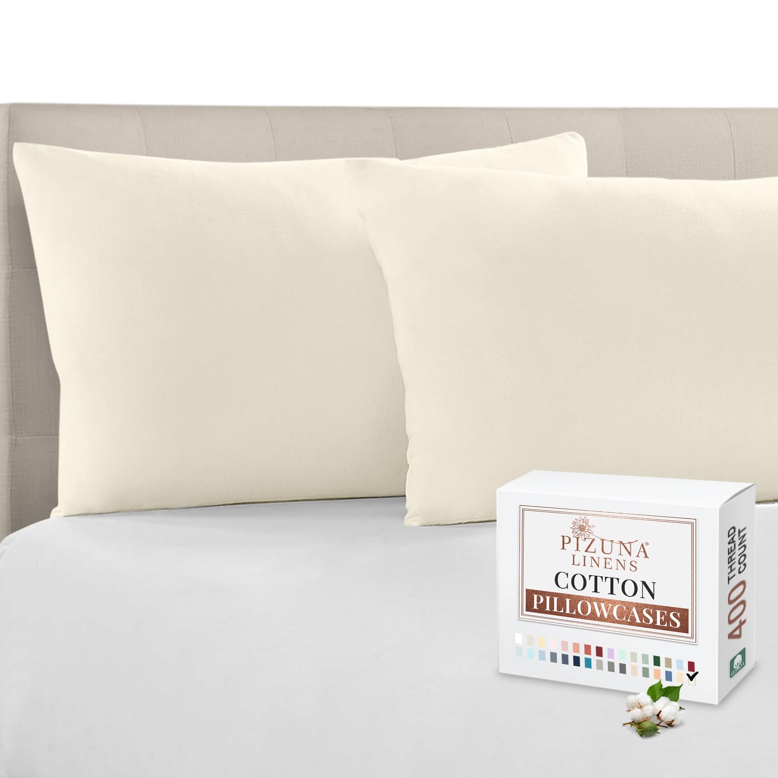 Pizuna 100% Cotton Standard Pillowcases 2 Pack White 50x75cm, 400 Thread Count Long Staple Combed Cotton Soft Pillow Cover, Sateen Weave Oxford Pillow Cases (Cooling Pillowcase 2PC) — view 9