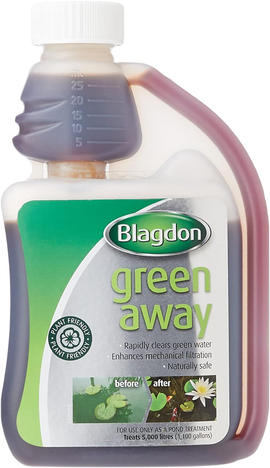 Green Away Pond Water Treatment, Clears Green Water and Suspended Algae Particles, Natural, Plant Friendly, Safe for Fish, 250 ml, Treats 5,000 Litres of Water,package may vary