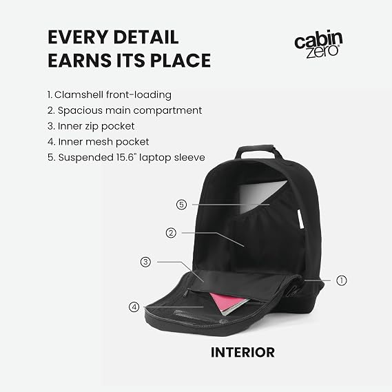 Cabinzero Classic Cabin Backpack 36L, Carry On Luggage Travel Bag, Lightweight Cabin Backpack for Weekend Trips, Water-Resistant Flight Bag