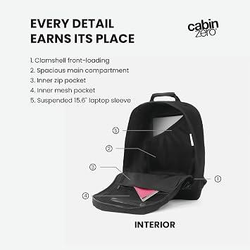 Cabinzero Classic Cabin Backpack 36L, Carry On Luggage Travel Bag, Lightweight Cabin Backpack for Weekend Trips, Water-Resistant Flight Bag