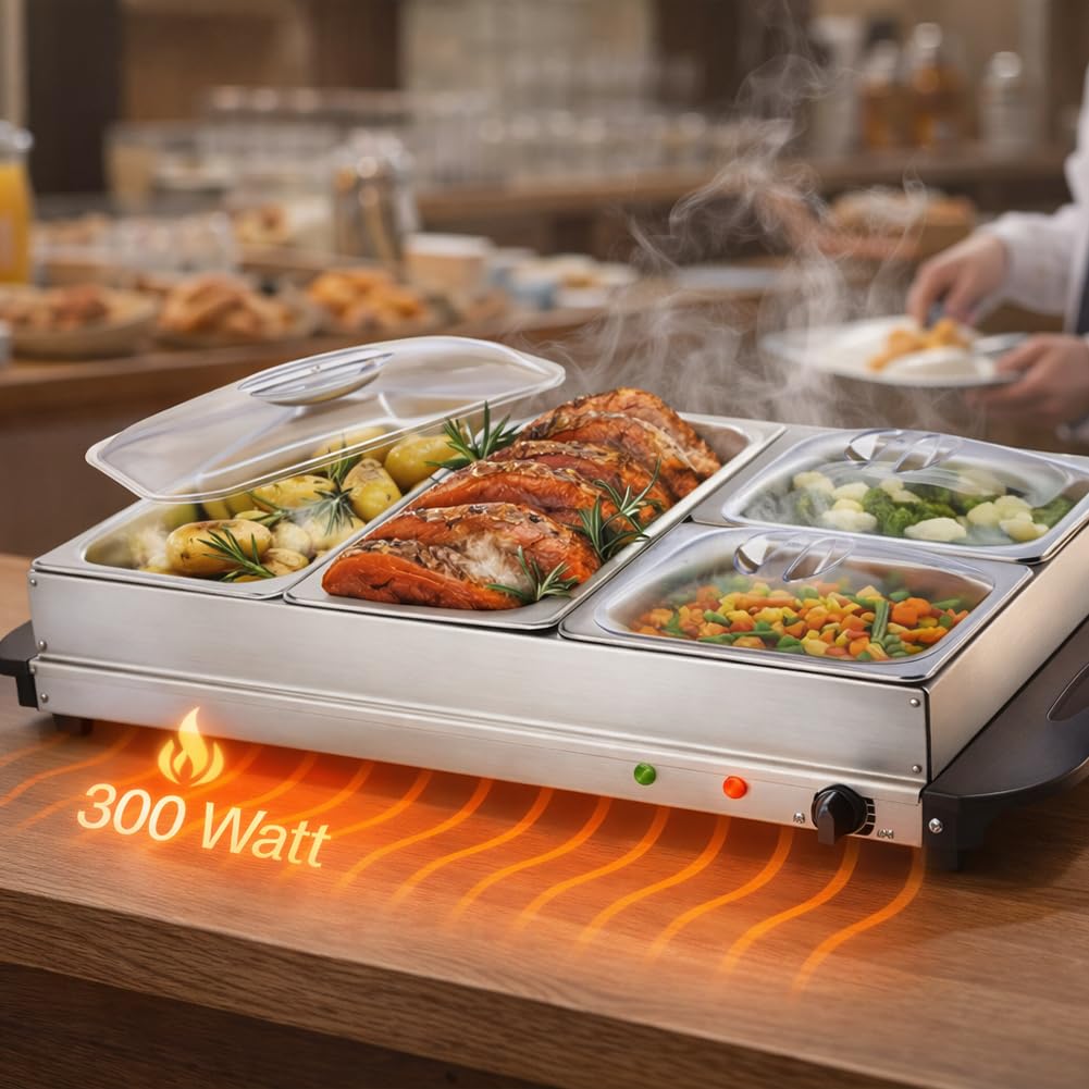 BAKAJI Scaldavivande Elettrico in Acciaio Inox con 4 Cestelli, Scalda Cibo Alimenti Hotel, Casa, Ristorante, Buffet, Temperatura Regolabile 45°-75°, Facile da Pulire, Sistema Riscaldamento Bagnomaria
