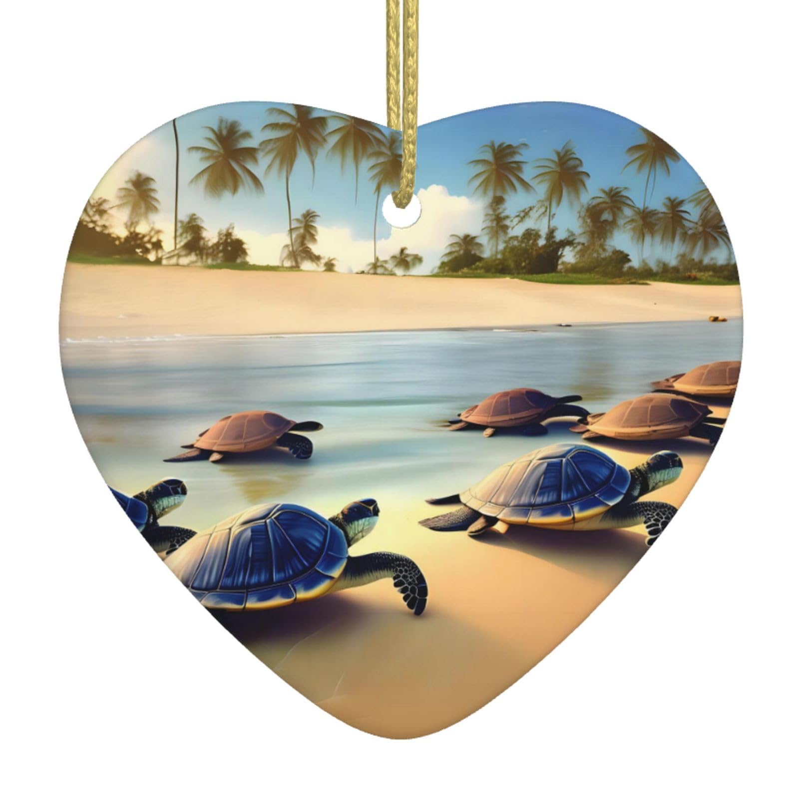 Turtles on The Beach Ceramic Christmas Heart Pendant with Silk Thread, Christmas Tree Home Decoration