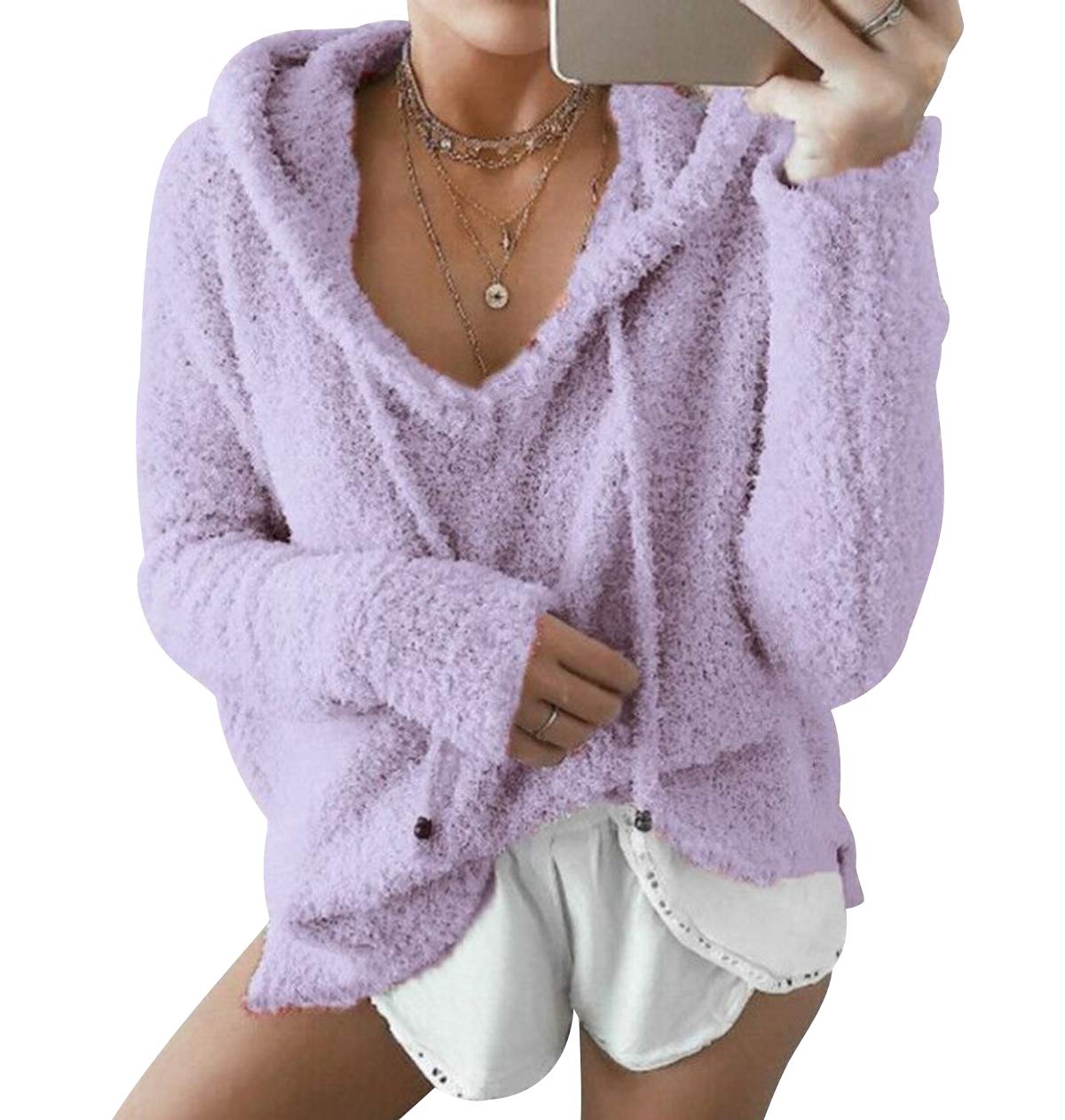 ISSHE Womens Fluffy Fleece Hoodie Sweatshirt Pullover Ladies Fuzzy Fleece V  Neck Jumper Outwear Long Sleeve Zipper Oversized Hooded Sweatshirts Plain