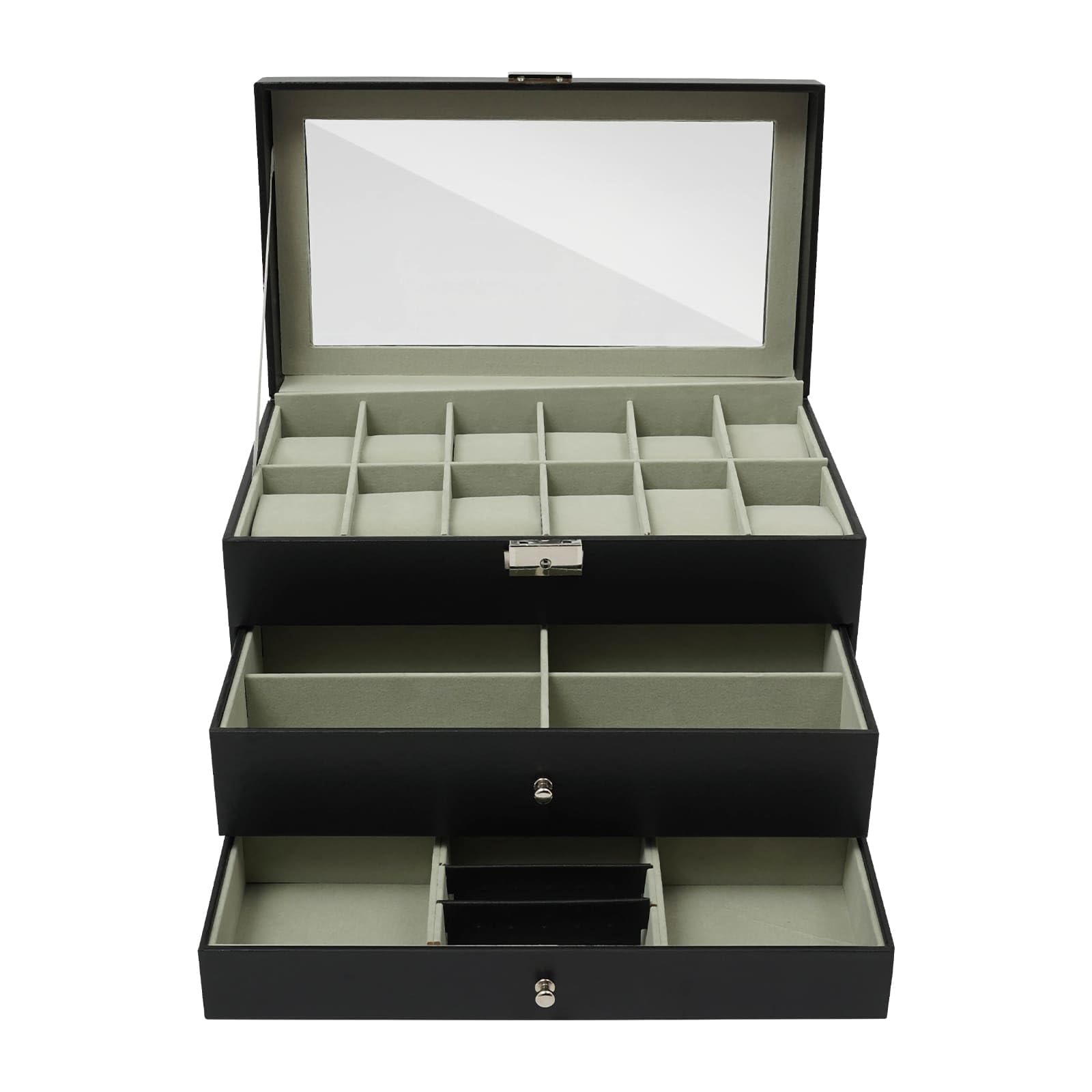 Caja para relojes y joyas, 3 niveles, con cajones, tapa transparente, 33,5 x 19,4 x 20,5 cm, color negro