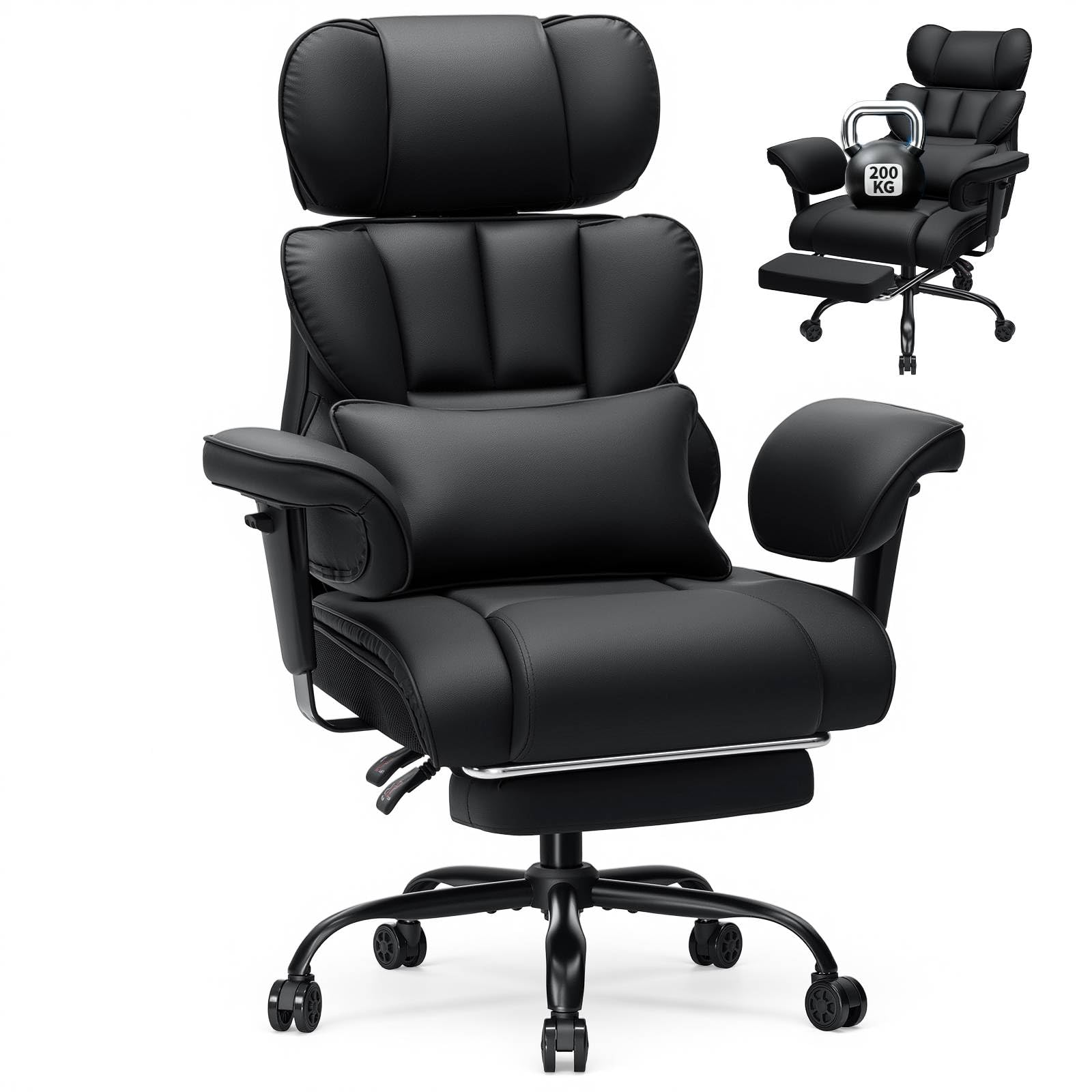 HOFFREE Ergonomischer Bürostuhl für schwergewichtige Personen bis 200kg – PU Leder Chefsessel mit Fußstütze, Hoher Rückenlehne, Verstellbaren Armlehnen und Lendenwirbelstütze in Schwarz