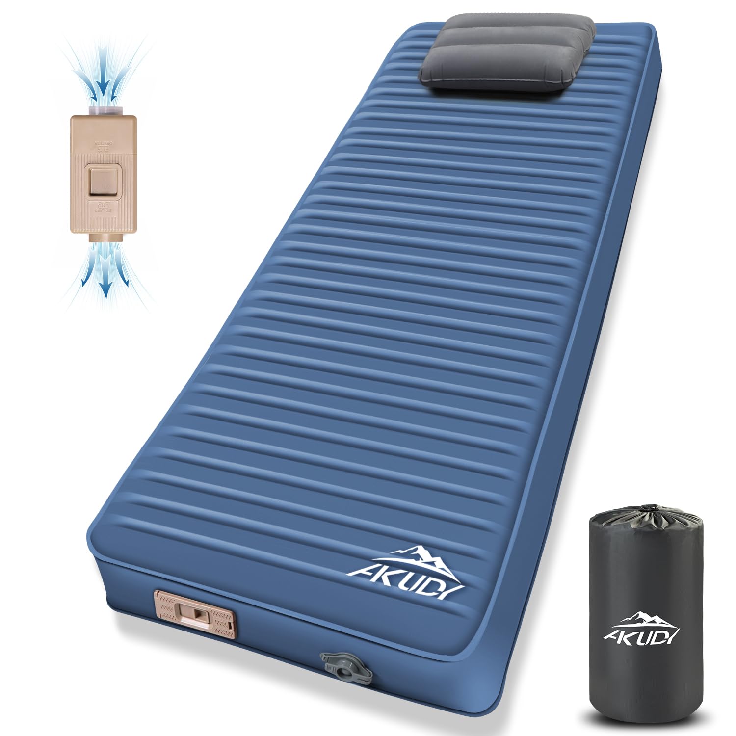 AKUDY Self Inflating Sleeping Pad with Electric Pump, 4" Ultra-Thick Memory Foam Camping Pad with Pillow, 9.5 R-Value Insulated Camping Mattress, Navy