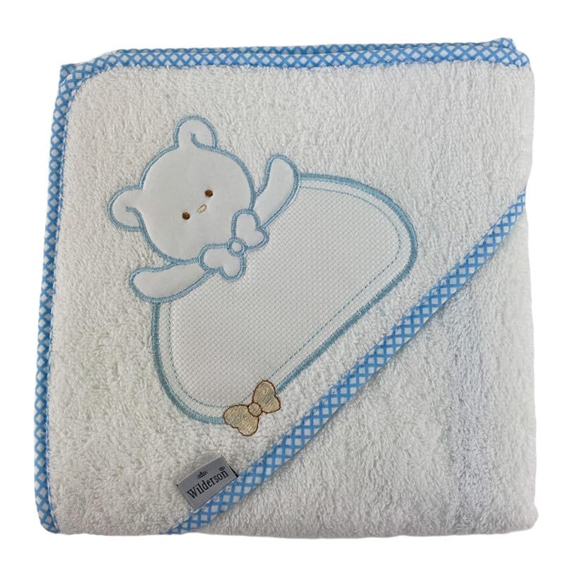 Rufino Díaz Capa Bebé de Baño Oso Bordar (Blanco/Azul) - Tacto Suave y calentito - Secado rápido