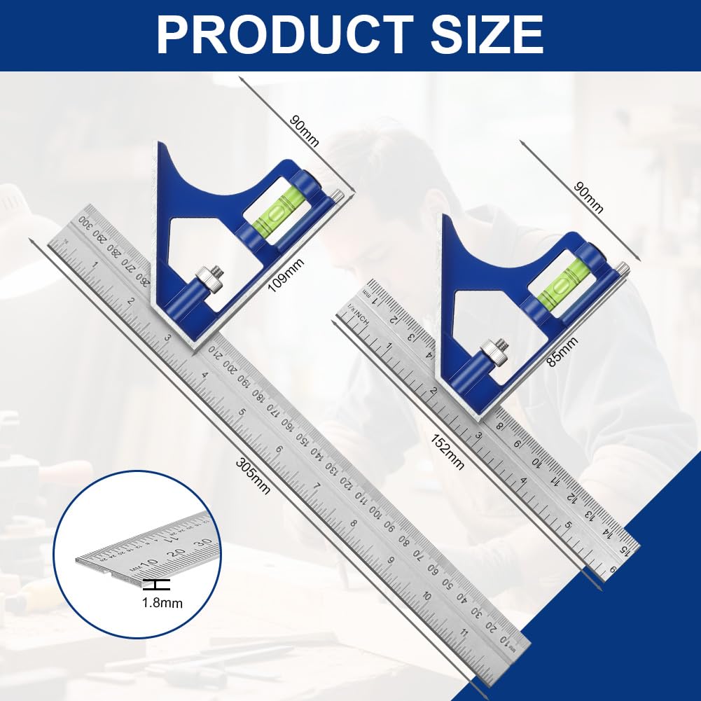 flintronic 150mm+300mm Combination Square Set, Stainless Steel Angle Ruler, with Built in Spirit Level & Marker Pins - Image 2