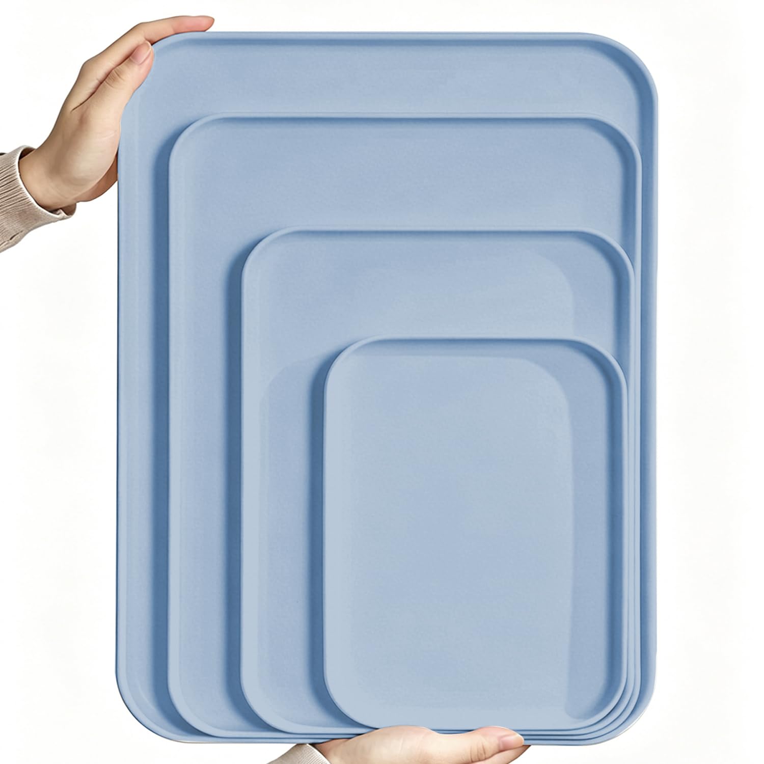 Rectangular Plastic Serving Trays,4 Packs Premium PP Food-Safe Platters Stackable Reusable Serving Trays for Kitchen Drinks Snacks Fruit Coffee Parties (Blue,M-24 * 17CM)