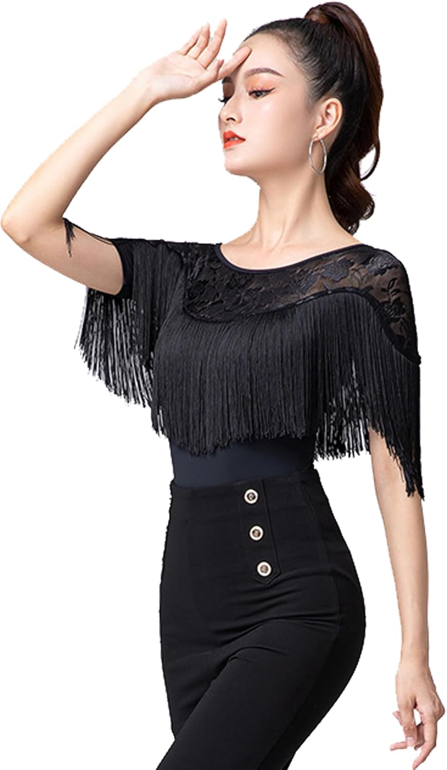 Women's Fringe Tassel Trim Lace Practice Ballroom Latin Salsa Dance Blouse Shirt Top