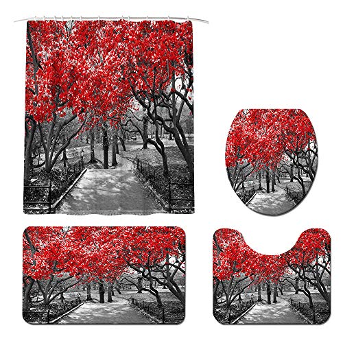 KREATIVE ARTS Canopy of Red Trees in Surreal Black and White Landscape Scene in Central Park New York City Shower Curtain Set with Non-Slip Rug, Toilet Lid Cover, Bath Mat and 12 Hooks