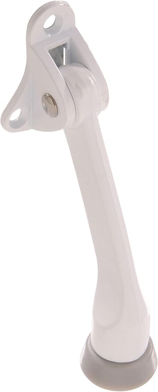 Hillman White Steel Kickdown Door Stop, Holds Door Open, 4 in | Flips down to hold the door open, foot-operated hands-free, rubber foot grips the floor, entry, kitchen, garage, office use