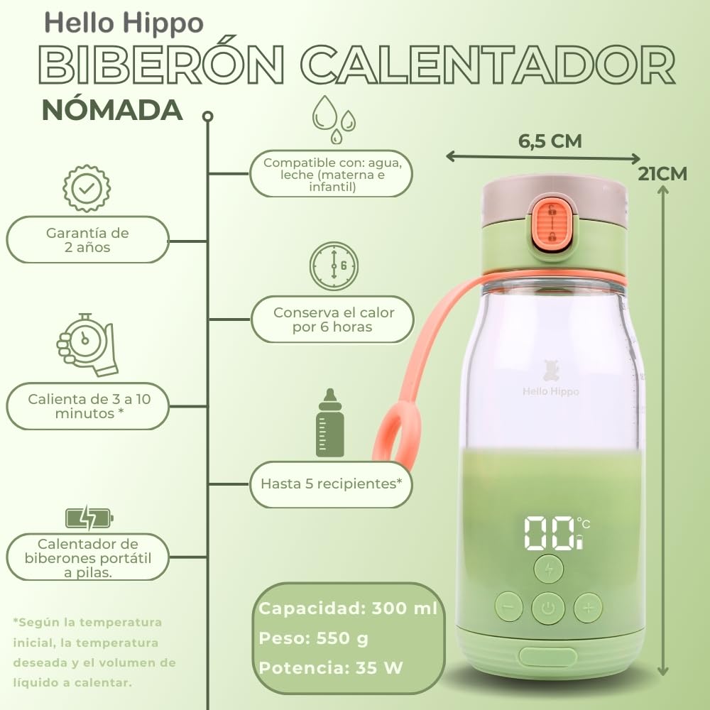 Calentador de Biberón Nomada 300 ml - Inalámbrico, Batería Recargable USB, Coche - Temperatura Ajustable 37-50°C con Mantenimiento Caliente - Graduación 30 ml - Ideal para Leche y Agua en Viaje