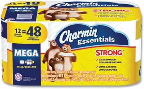 Charmin Essentials - Pañuelo fuerte para baño, seguro séptico, 1 capa, blanco, 451/rollo, 12 rollos por paquete