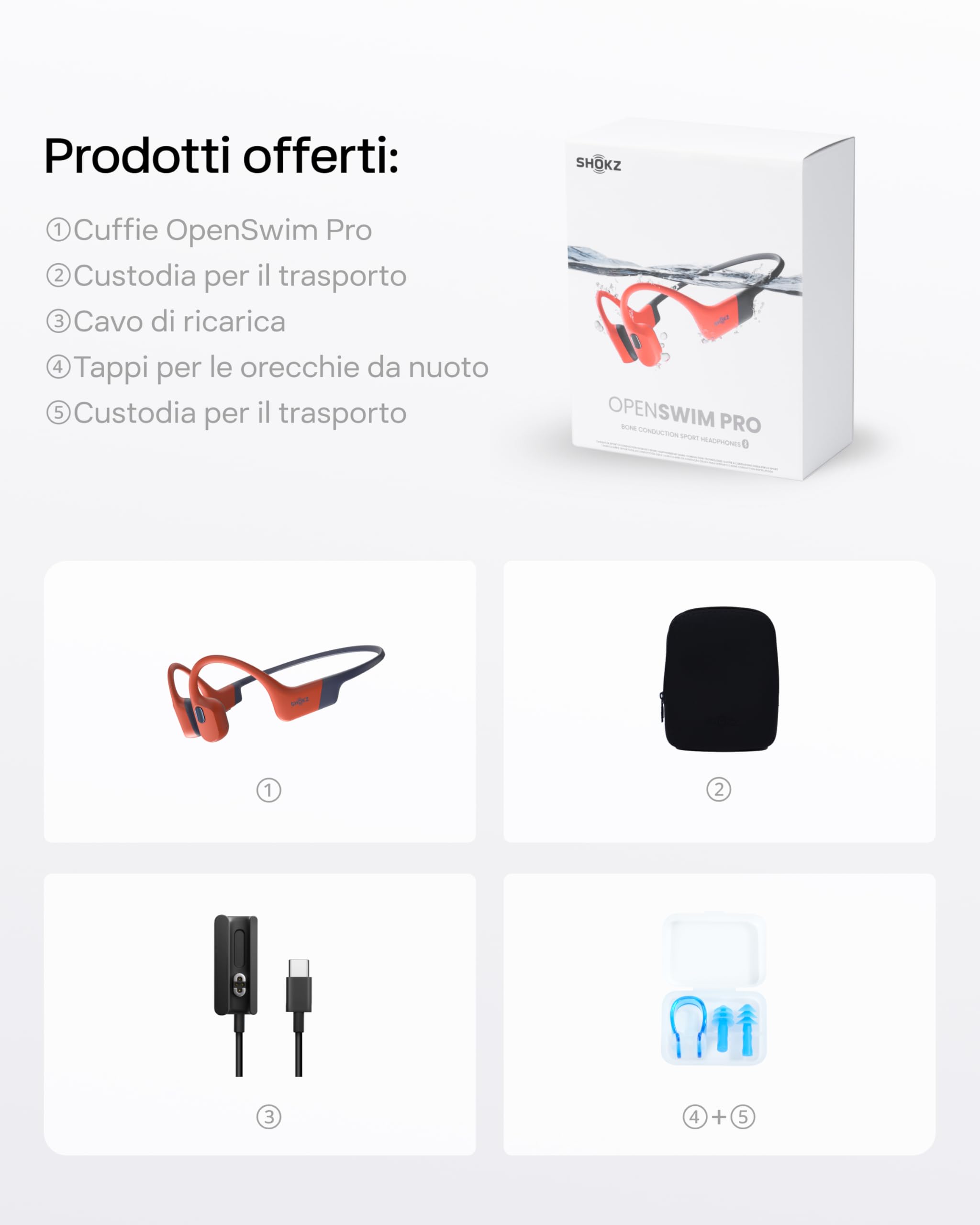 SHOKZ Cuffie sport a conduzione ossea OpenSwim Pro, auricolari wireless Open-Ear impermeabili IP68 con Bluetooth 5.4, 32 GB storage MP3, micr. con canc. rumore, 9 ore ripr. per corsa e nuoto, Rosso
