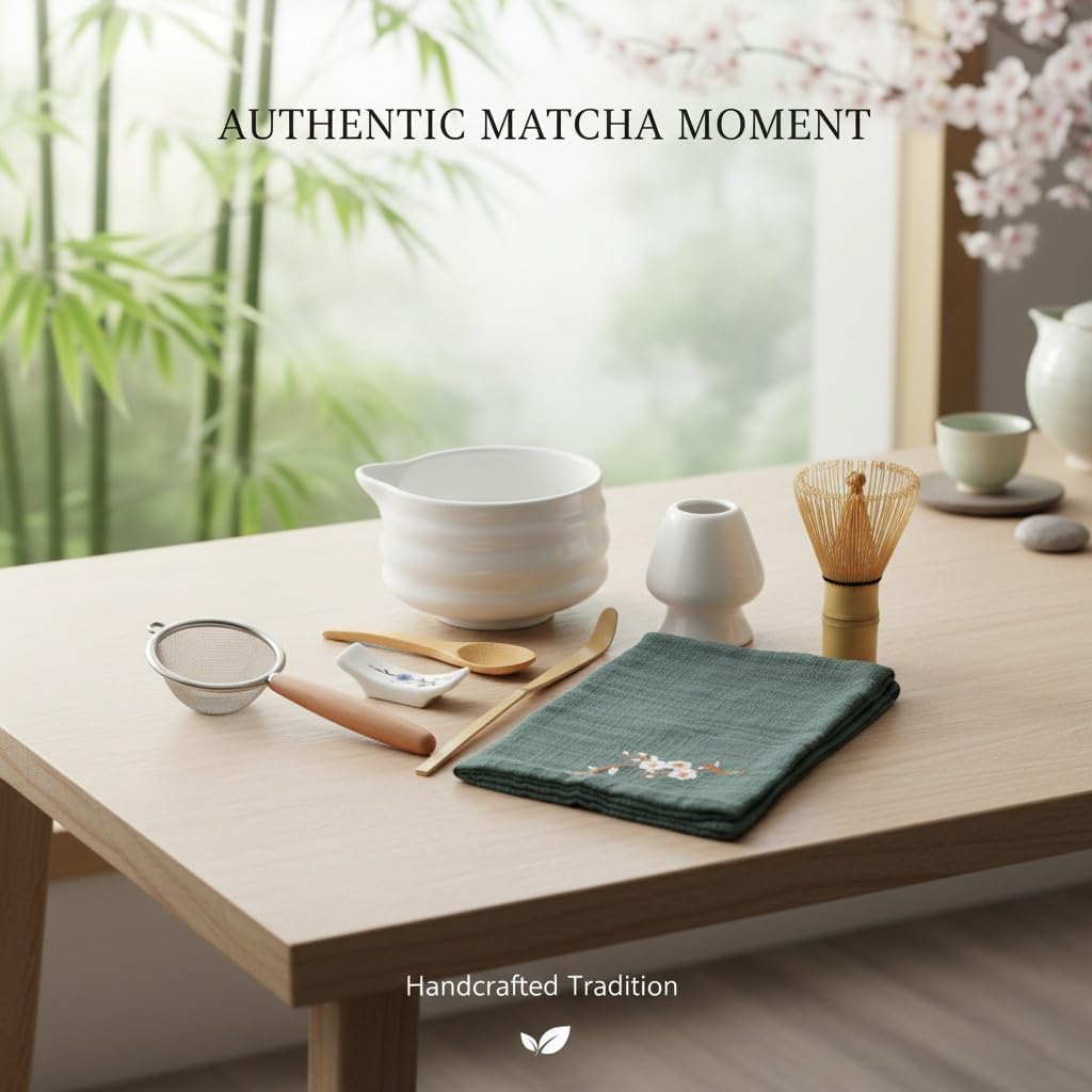 Matcha Tool Set, 10 Piece Traditional Japanese Tea Ceremony Kit with Bamboo Whisk, Ceramic Bowls, Cups, Strainer, Spoons, Holder and Cloth (white)