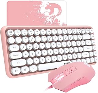 Wireless Keyboard and Mouse Combo,Compact 84 Keys Cute Bluetooth Keyboard, Retro Round Keycaps, Matte Texture + Rainbow LED Backlit Wired Mouse, Up to 2500 DPI + Mouse Pad, for Home and Office-Pink