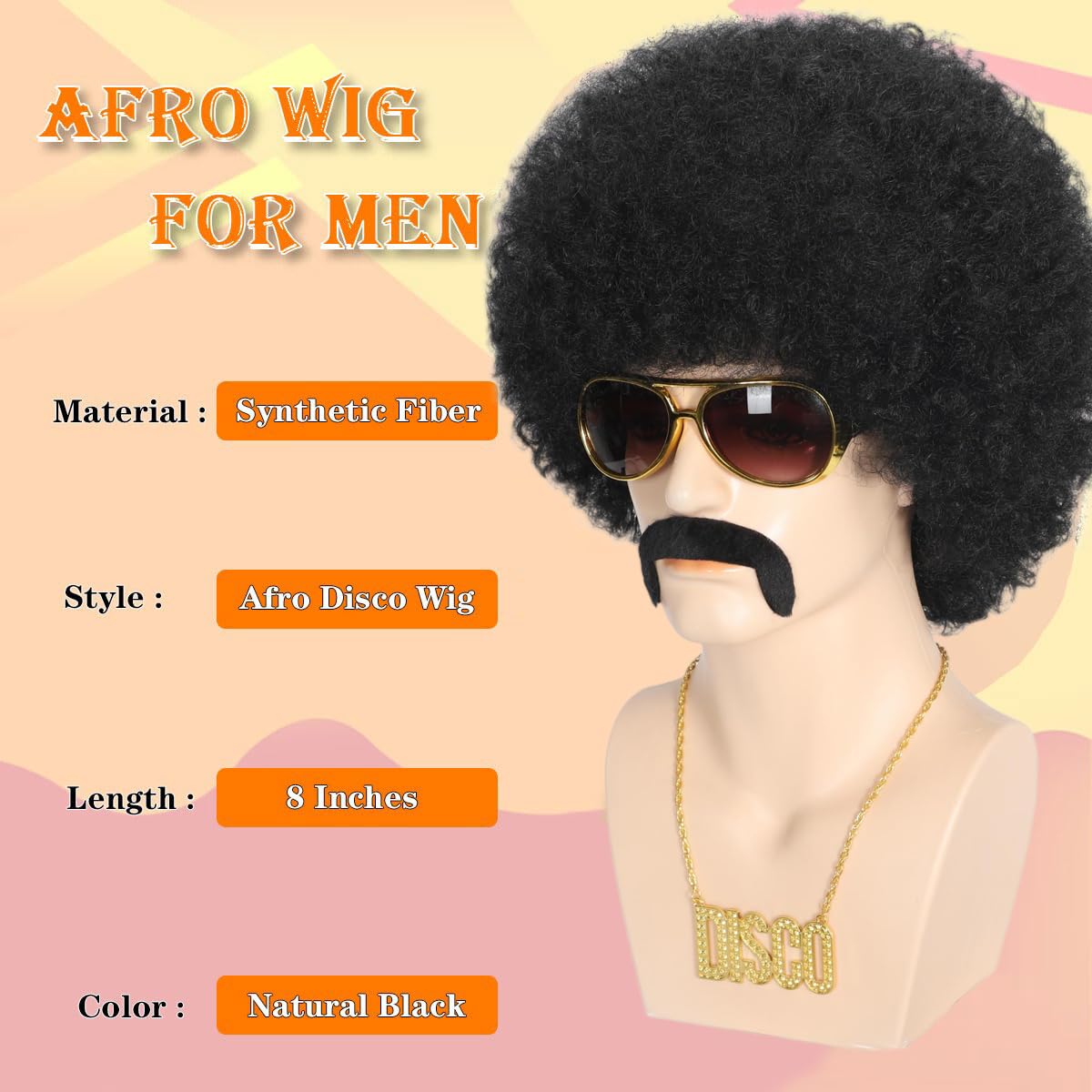 Afro Wigs for Men 5pcs Set (Wig+ Glasses+ Disco Necklace+ Mustache+ Wig Cap) 70s Mens Costume Disco Wigs Natural Fluffy Short Curly Black Synthetic Hair for Halloween Chrismas Cosplay PartyUse - Image 3