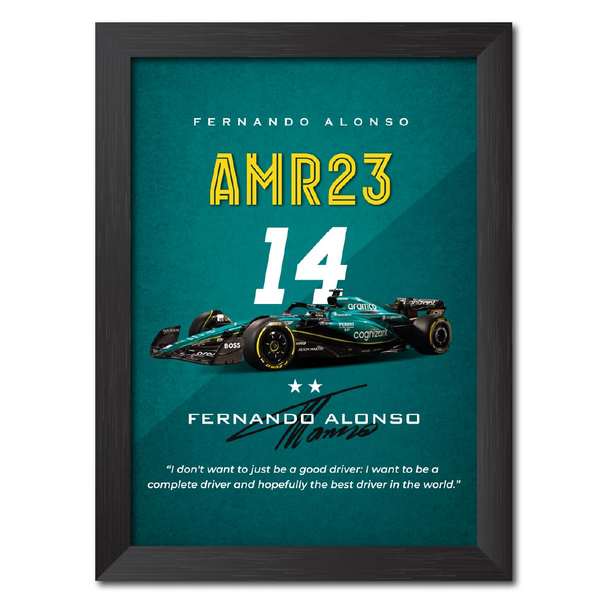 TenorArts Fernando Alonso Poster Frame F1 Racing Car AMR23 Formula One Photo Framed Painting with Matt Finish Black Textures (12 inches x 9inches)