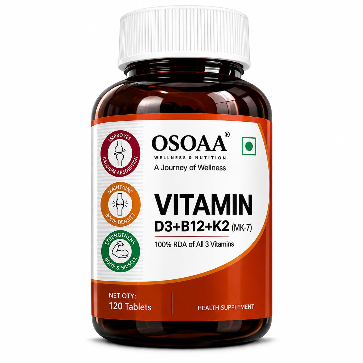 OSOAA Vitamin D3 K2 MK7 Supplement - 120 Tablets | Vitamin D3 (600 IU) | Promotes Calcium Absorption, Bone Health, Muscle Strength & Immunity | Plant Based Vitamin D3- Lichen Source