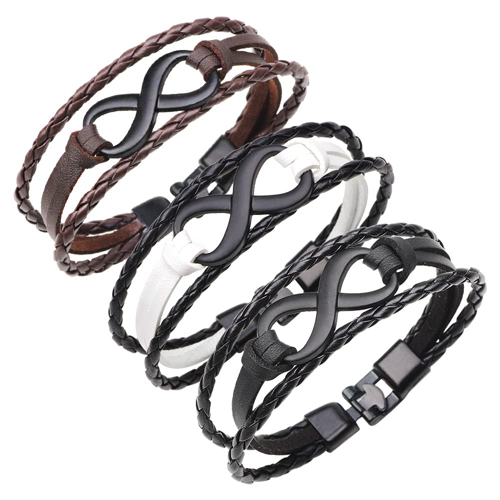 MULBA 3PCS/Set Punk Cool Leather Woven Bracelet for Men/Women Vintage Braided Wrist Cuff Bangle Black Brown White