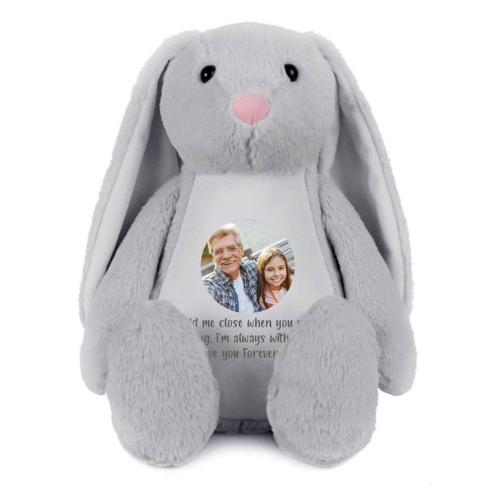 The Lovely Keepsake Company Grey Personalised Photo Comfort Keepsake Bunny - | Custom Photo & Message | Sympathy Gift, Remembrance