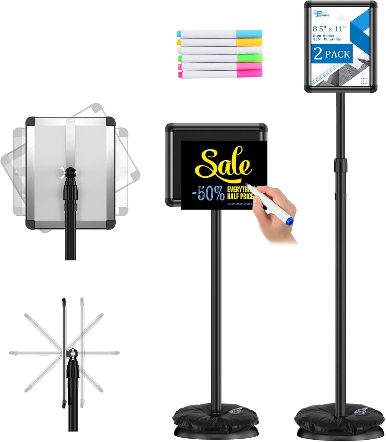 EHWINE 2 Pack Sign Holder Stand 8.5x11 Inch, Adjustable Floor Standing Sign Holder, Signage Stand with Snap-Open Frame Display and Chalkboard Insert for Charity Events, School Exhibitions, Retail Displays