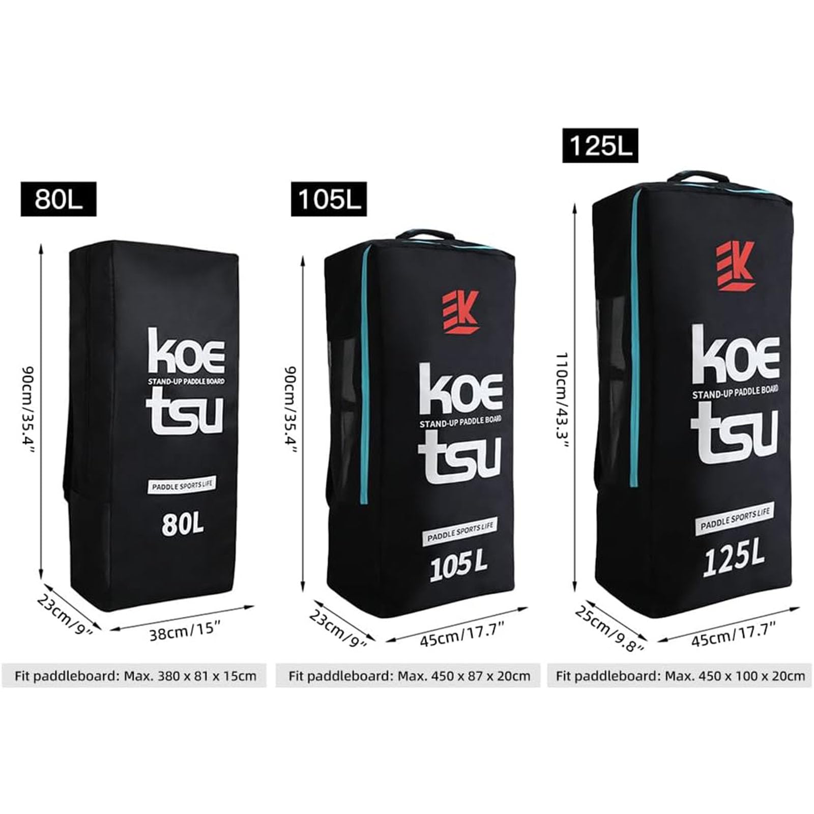 Mochila para Tabla de Paddle Surf 105L Tela Oxford Impermeable Gran Capacidad Negro