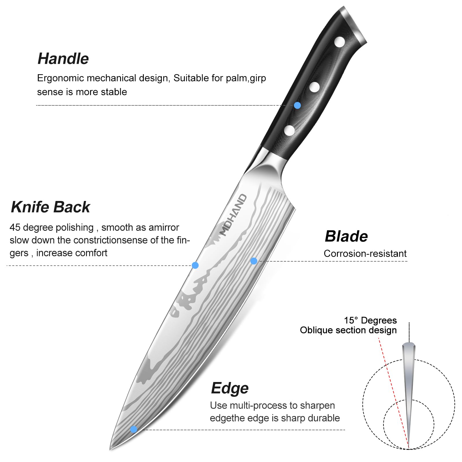MDHAND Küchenmesser Set，8-teiliges professionelles Messerset mit Rolltasche, Extrem Scharf Profi Kochmesser Set mit Ergonomischen Pakkaholz Griffen für Haus und Restaurant