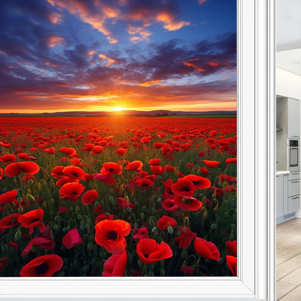 Foccar Style A Modern Red Flowers Privacy Window Film Sunset Poppy Garden Landscape Stained Glass Window Coverings No Glue Static Cling Window Film For Home Office Stores 45 X 60 Cm