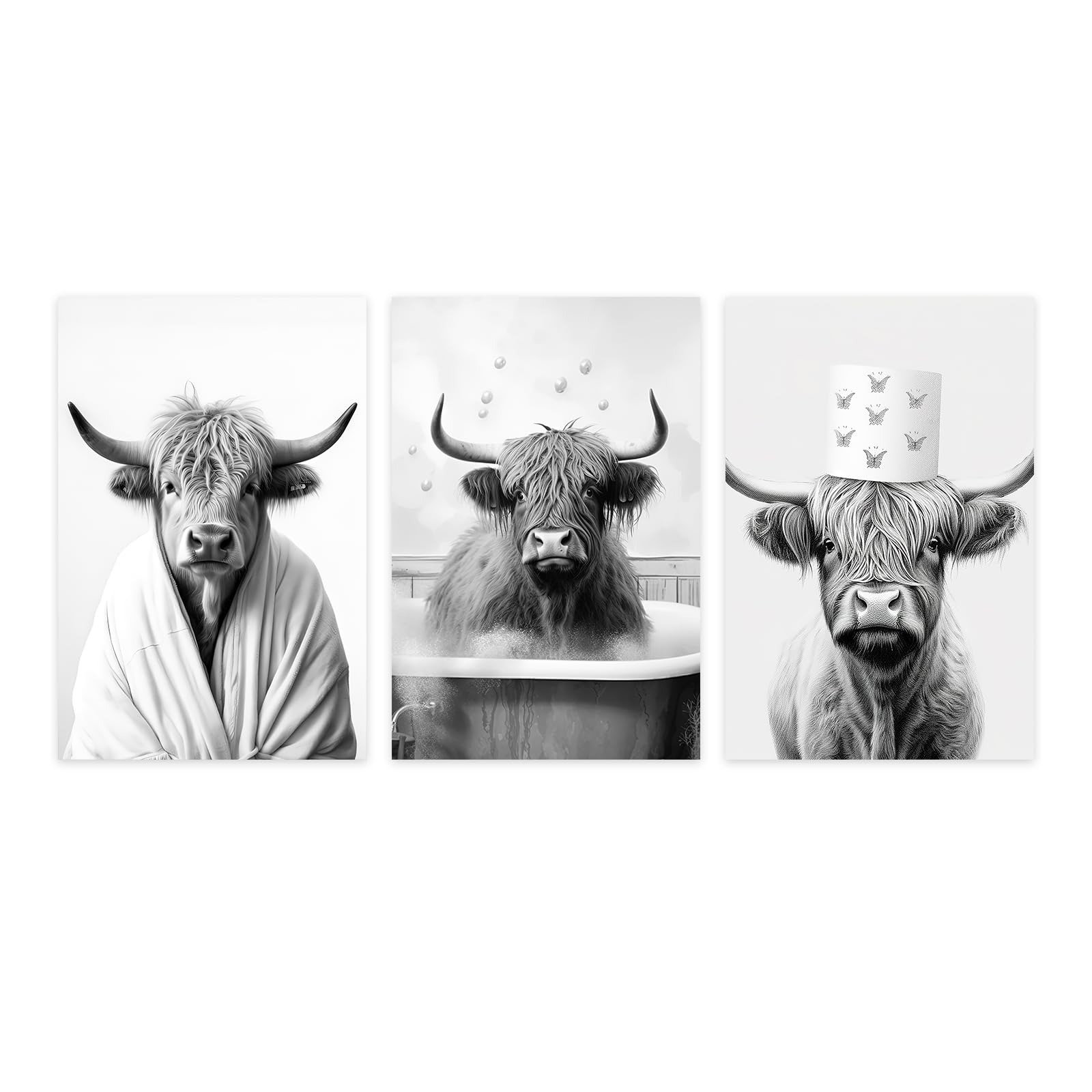 CCWACPP Bathroom Animal Wall Art Set of 3 Funny Black and White Highland Cattle Canvas Print Cow Pictures Wall Decor On Toilet Poster Framed (30x40cmx3 - Image 2