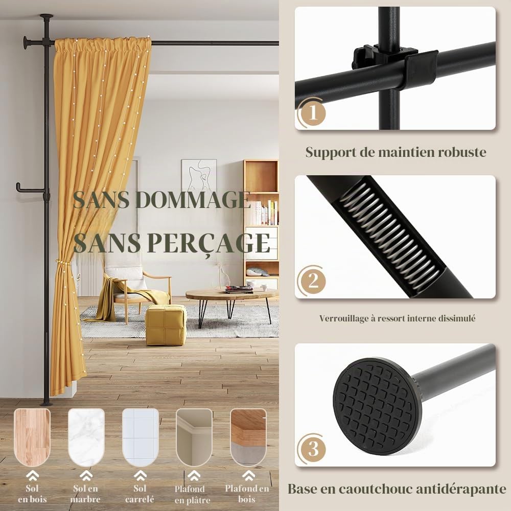SMONTER Tringle à rideau de séparation de pièce - Barres de rideau sans perçage, tringles à rideau de tension du sol au plafond pour rideaux, séparation de pièce autoportante 110-310 cm réglable extra