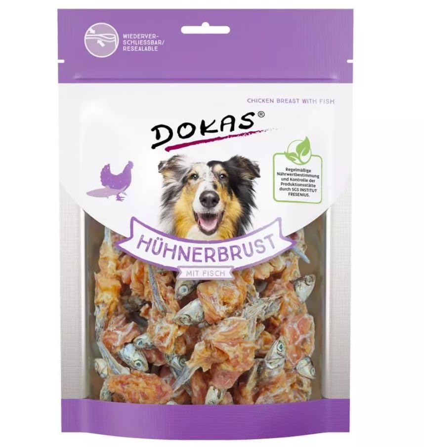 Dokas Hühnerbrust mit Fisch | 3er Pack | 3 x 220 g | Ergänzungsfuttermittel für Hunde aller Altersklassen | Kausnack bestehend aus Hühnerbrustfilet und Fisch (Anchovis)