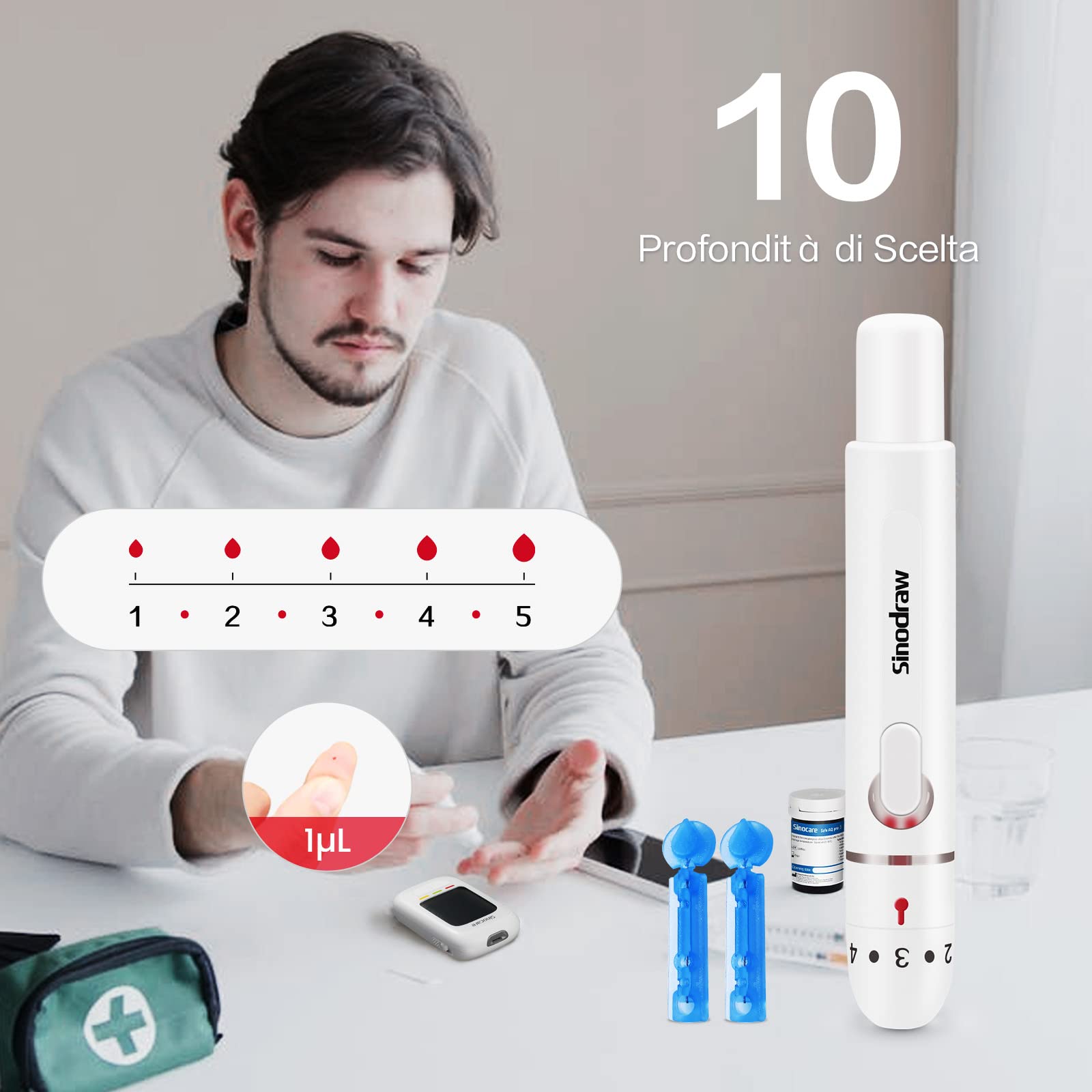 Sinocare Misuratore Glicemia, Glucometro con 100 Strisce Glicemia e 100 Lancette, Elettrodo d'argento più Preciso, Risultati in mg/dL