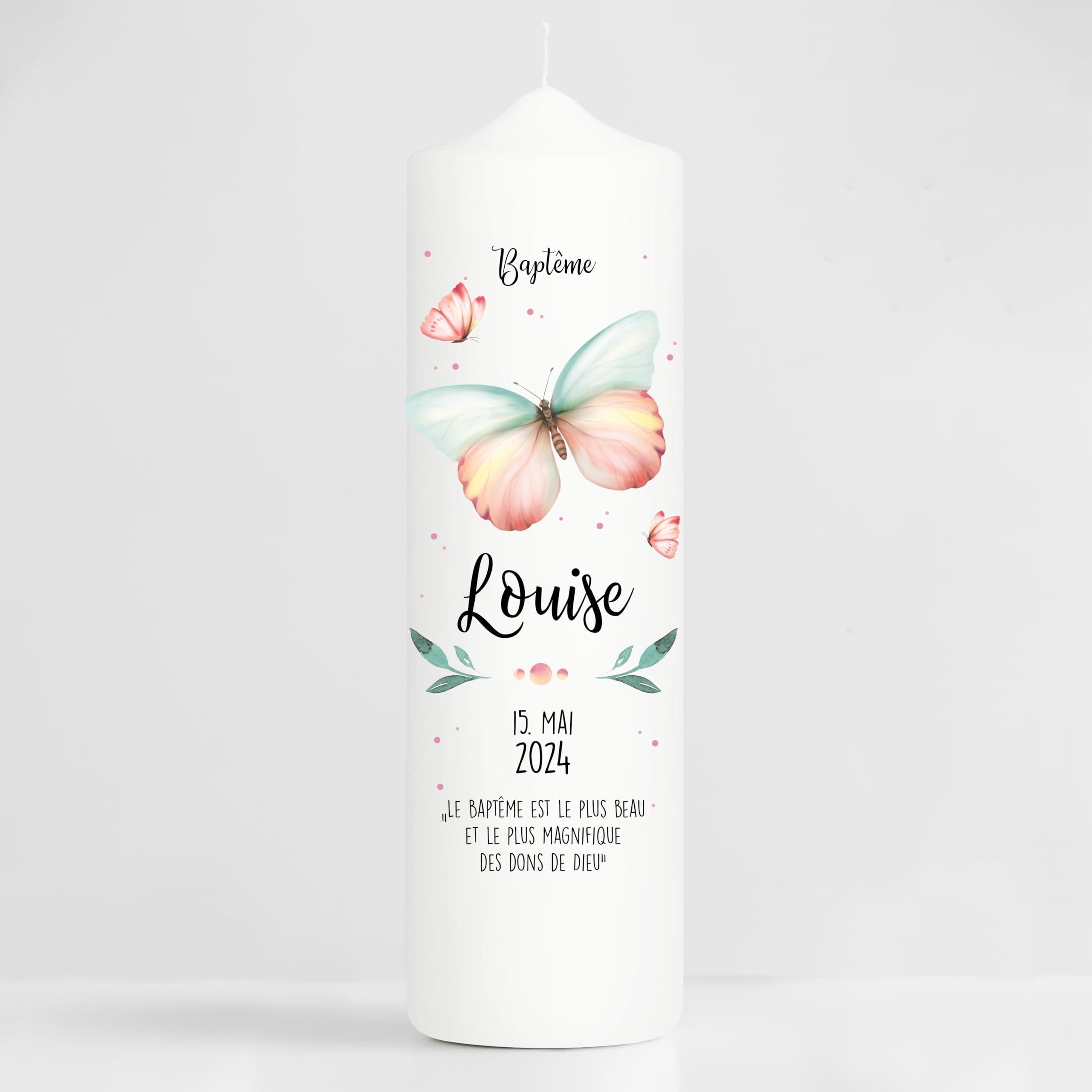 Bougie De Baptême Personnalisable Avec Nom Et Date - Design Blanc Et Rose Avec Papillons | Pour Baptême, Communion, Naissance