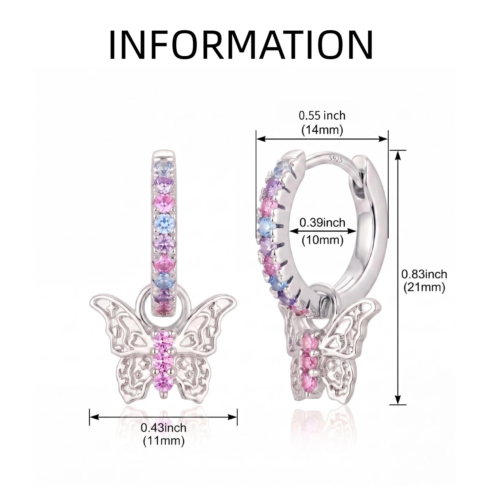 Orecchini a forma di farfalla per bambine, in argento 925, con zirconi colorati, piccoli orecchini a cerchio, regalo di compleanno per ragazze e bambine
