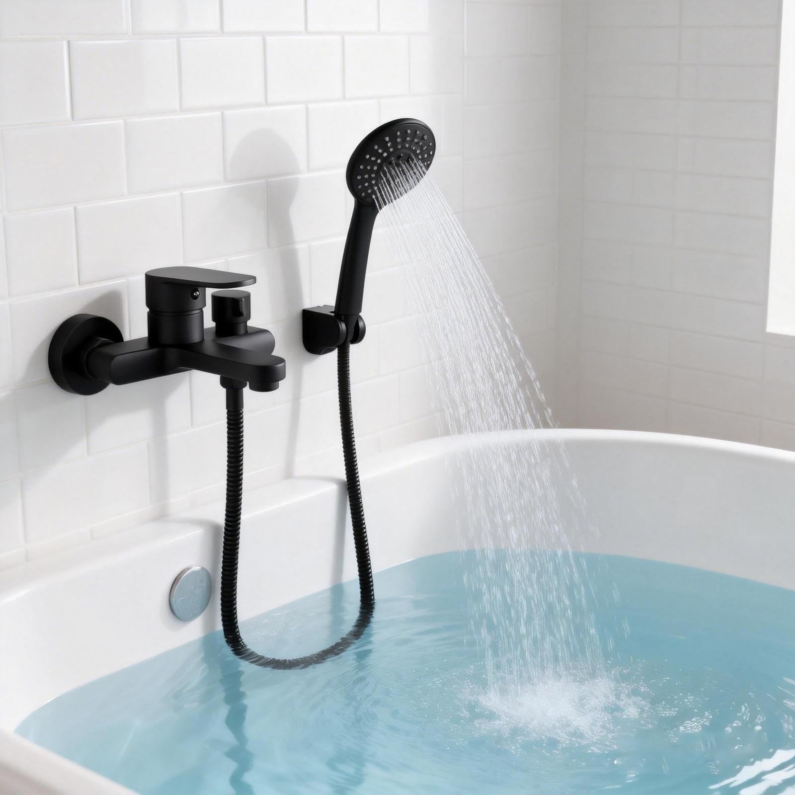 Conjunto de grifería para bañera negro con ducha de mano, grifería para bañera con cabezal de ducha de 3 funciones, manguera de PVC de 1,5 m, montaje en pared de 15 cm y boquilla anti-atasco, juego de