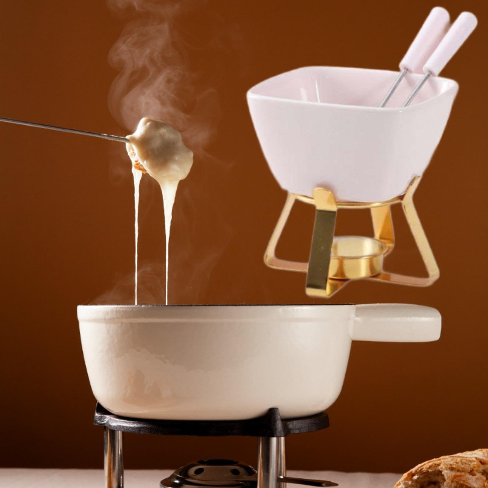 Pentola per Fonduta in Ceramica, Forchetta per Fonduta, Scaldavivande, Utensile Multifunzionale per Sciogliere Caramelle E Cioccolato, Rosa con Cremagliera Dorata