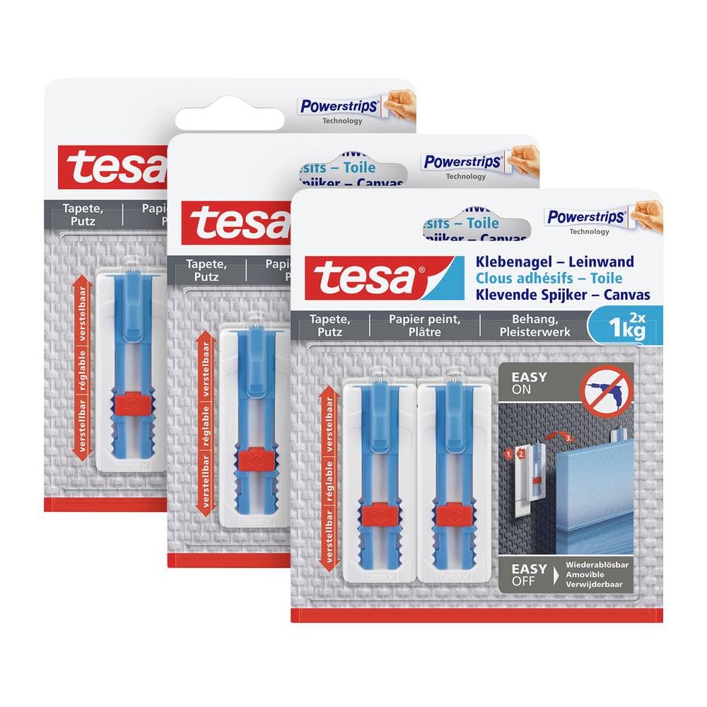 Tesa Uk White Tesa Adhesive Nail Canvas - Wallpaper & Plaster – Adjust Height – Self-Adhesive Nail – Canvas & Stretcher Frame – Adhesive Strength 1Kg/Nail – Remove Without Trace