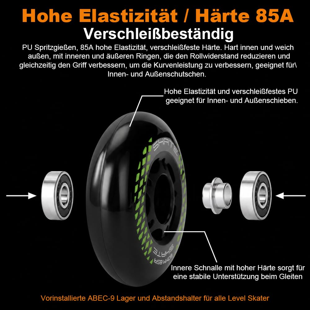 Inline Skate Rollen 80mm 76mm 72mm - 8 Stück Räder 85a Mit Kugellager ABEC9 | Für K2 Hudora Gonex Apollo (B Schwarz/80MM)
