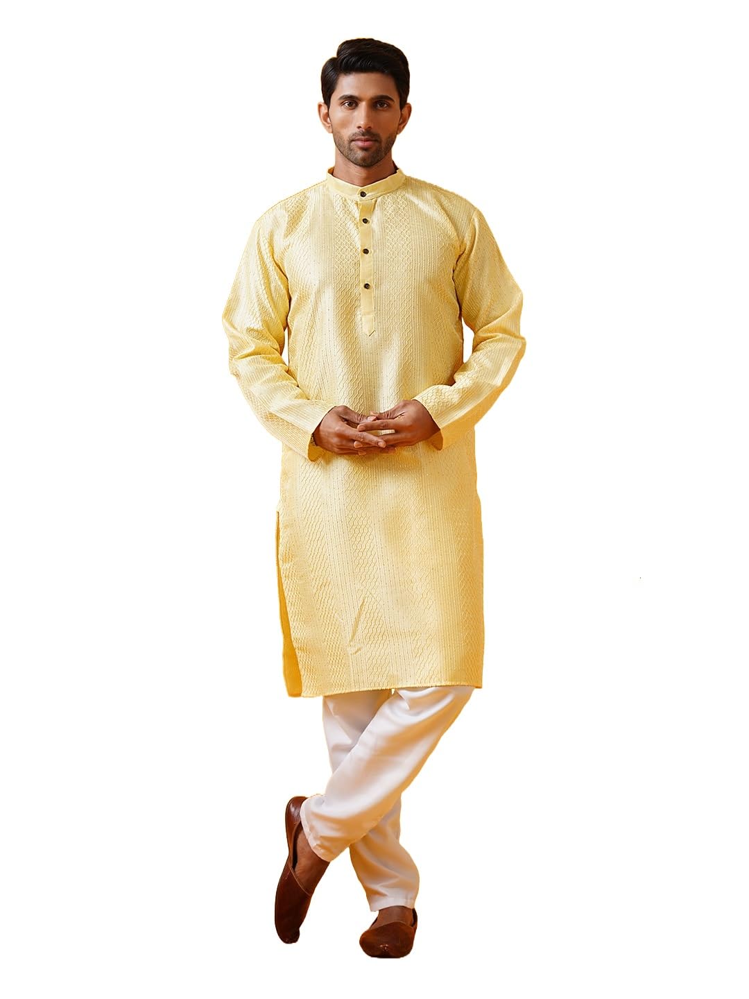 Sojanya (Since 1958 Men's Silk Bend Krochet Thread Embroidered Yellow Kurta With White Pyjama