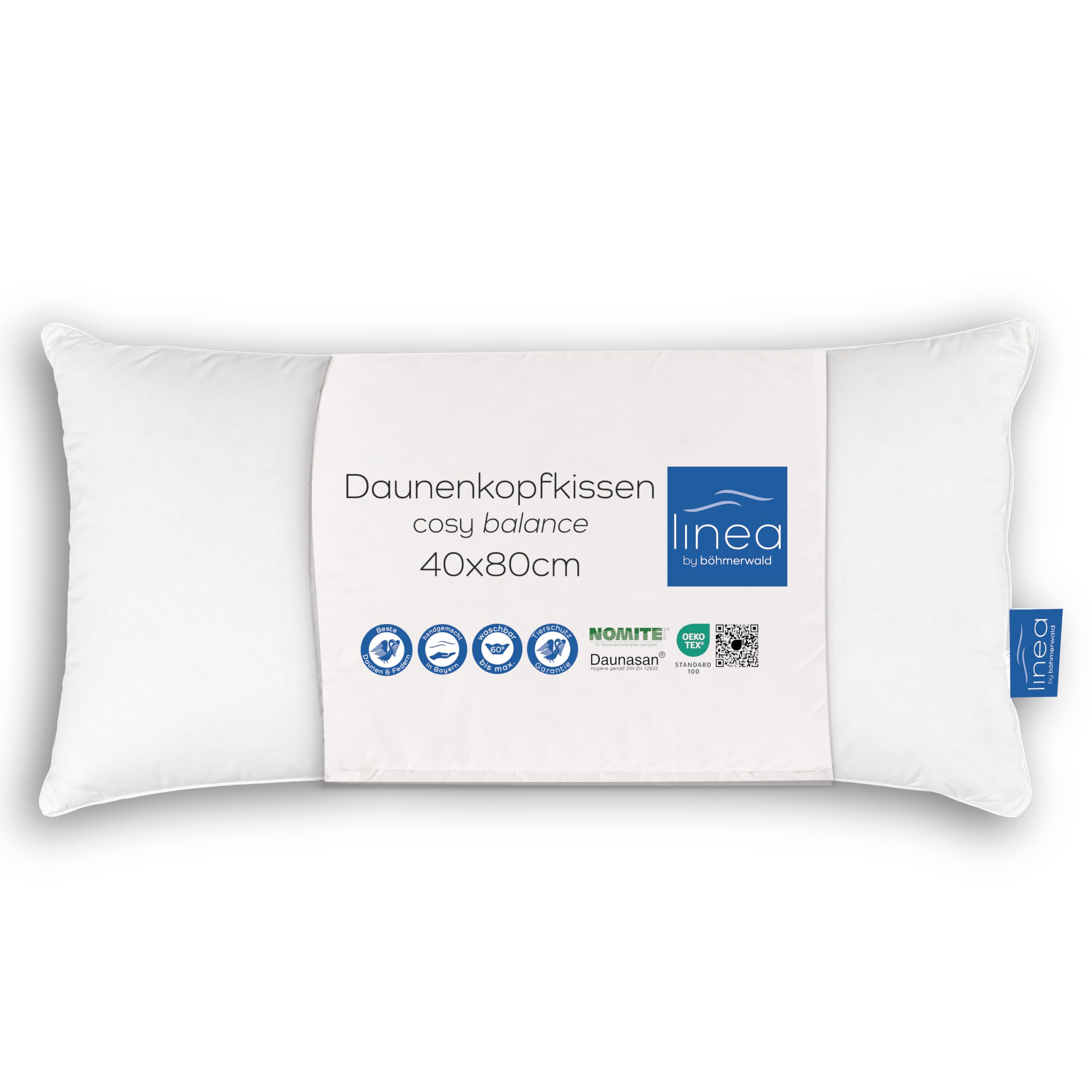 LINEA by böhmerwald - cosy - hochwertiges Kopfkissen balance, 40x80, 70% Federn Klasse 1, 30% kuschlige neue Daunen, Allergiker geeignet, waschbar bis 60°C, in Deutschland produziert