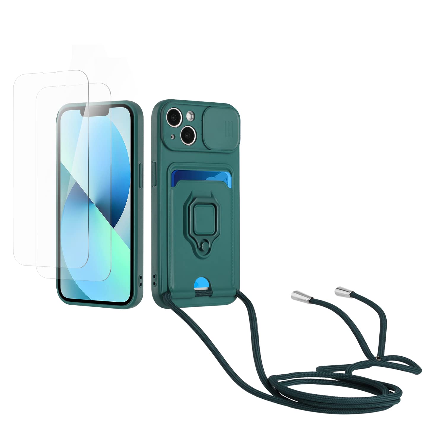 Kaslly Funda con Cuerda para Samsung Galaxy A35+[2 Pack Protector Pantalla],Case con Ranura para Tarjetas,Cubierta de Cámara Deslizante Proteger,Doble Cara Protección-Negro — view 35