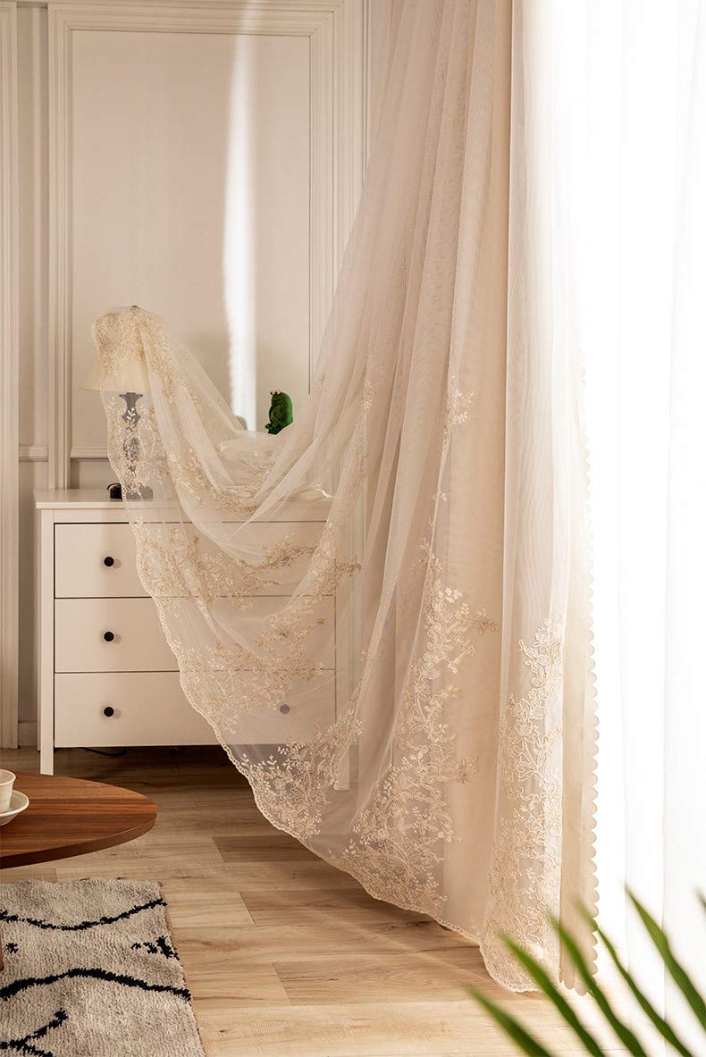 Lactraum Cortinas para salón, dormitorio, vintage, estilo patio, bordadas, color beige, doble capa con ojales, 200 x 245 cm